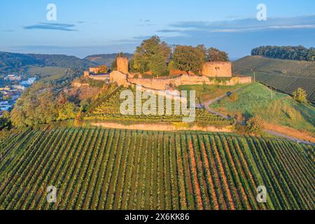 Aus der Vogelperspektive auf die Burgruine Weibertreu in Weinsberg bei Heilbronn bei Sonnenaufgang, Heilbronn, Neckartal, Neckar, württembergische Weinstraße, Baden-Württem Stockfoto