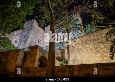 La Almudaina Königspalast und Catedral de Santa María de Mallorca bei Nacht, Palma de Mallorca, Mallorca, Balearen, Mittelmeer, Spanien Stockfoto