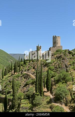 Chateau de Cabaret (links) und Tour Regine, Lastours, Montagne Noire, Occitanie, Frankreich Stockfoto