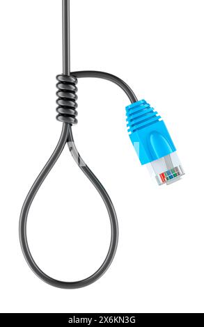 Netzwerkproblem, Konzept. Schlinge aus lan-Kabel, 3D-Rendering isoliert auf weißem Hintergrund Stockfoto