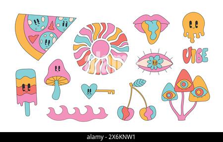 Groovige Hippie-Aufkleber im Retro-Look. Niedliche helle funky Pilz, Sonne, Pizza Vektor Illustrationen. Stock Vektor