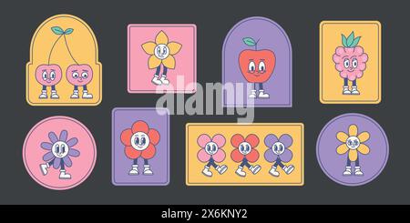 Groovige Blumenaufkleber, Bettwäsche. Trendige Retro Happy Smiling Gesichtetiketten. Blumenkraft. Stock Vektor