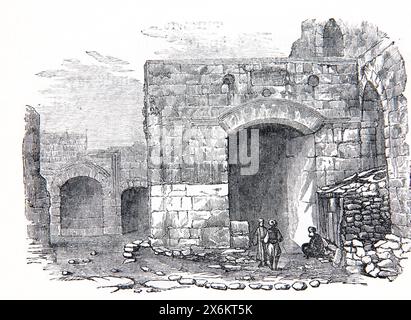 Holzgravierung des Stephanstors eines der sieben Tore der Altstadt von Jerusalem in der antiken, illustrierten Familienbibel aus dem 19. Jahrhundert Stockfoto