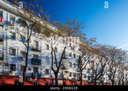 Ein Blick in die Vergangenheit Sevillas mit einem Wohnblock aus den 1950er Jahren im Stadtteil El Tardón von Triana. Stockfoto