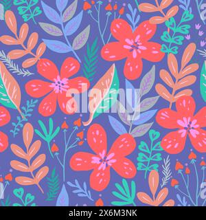 Nahtloses Muster mit Doodle-Blumenelementen. Vektorabbildung. Stock Vektor