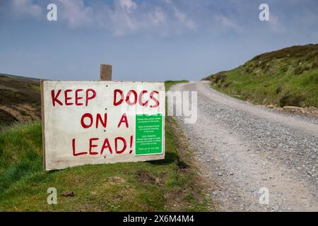 Das Warnschild „Keep Dogs on Leads“ auf Moorland soll Schafen beim Schrecken helfen und die Bodenbrüter im Moor schützen. North Yorkshire, Großbritannien. Stockfoto