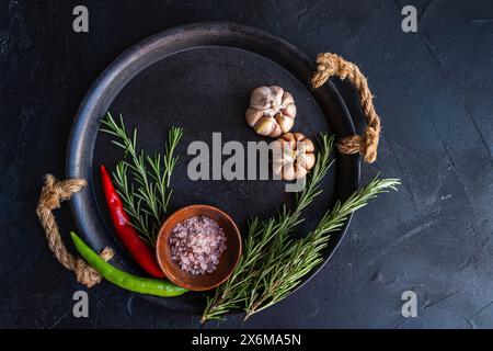Gewürze und Kräuter auf Tablett Stockfoto