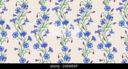 Kornblumen blaue Blumen Muster Aquarellabbildung auf grauem Hintergrund. Element der botanischen Zusammensetzung. Geeignet für Kosmetik, Aromatherapie, M Stockfoto