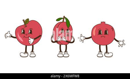 Obst und Beeren im groovigen Stil. Apfelpflaume und Granatapfel. Charaktere trendiges Retro-Comic-Maskottchen. Bannerposter entwerfen. Y2K Hippie 70er, 80er Jahre Vektorabbildung. Stock Vektor