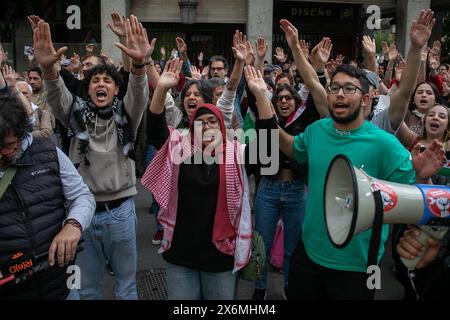 Madrid, Spanien. Mai 2024. Eine Gruppe von Demonstranten hebt heute Nachmittag während einer pro-palästinensischen Kundgebung in Madrid ihre Arme. Die vom Madrider Koordinator für Palästina einberufene Konzentration fand diesen Mittwoch vor den Büros des Außenministeriums in Madrid statt Credit: SOPA Images Limited/Alamy Live News Stockfoto