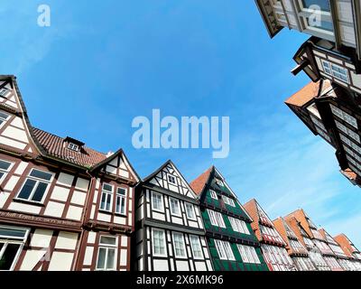Blick von unten auf mittelalterliche Fachwerkgiebel in Celle, Niedersachsen, Deutschland Stockfoto