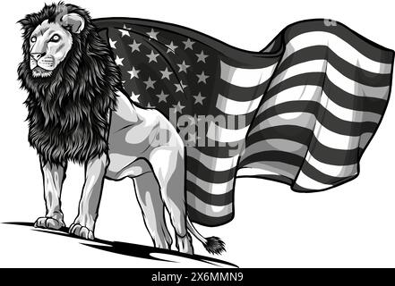 Schwarz-weißer Löwe mit us-Flagge auf dem Hintergrund Stock Vektor
