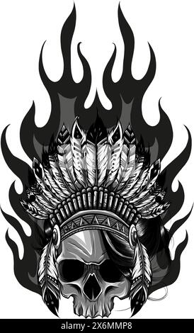 Einfarbige Vektordarstellung eines stilisierten Totenkopfes mit amerikanischer Kriegshaube. Stock Vektor
