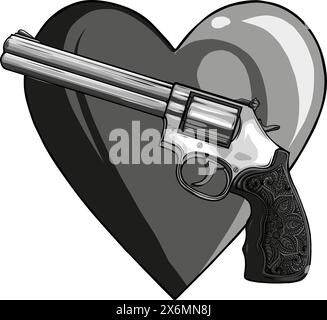 Vektor-Revolver-Tattoo-Illustration. Eine einfarbige Clipart-Illustration auf weißem Hintergrund. Stock Vektor