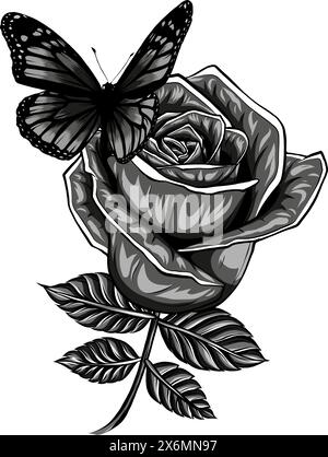 Einfarbige Blume und Schmetterling. Ein Tattoo zeichnen. Vektordarstellung. Stock Vektor