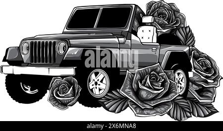 vektordarstellung eines monochromen Geländewagens mit Rosen Stock Vektor