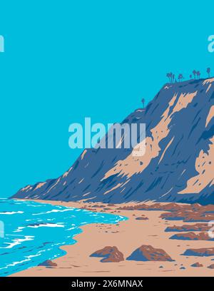 WPA-Poster Kunst des Surfstrands am Black's Beach in den Klippen von Torrey Pines am Pazifik in La Jolla, San Diego, Kalifornien, USA Stock Vektor