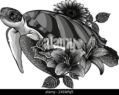 vektordarstellung einer einfarbigen Meeresschildkröte mit Blüte auf weißem Hintergrund Stock Vektor