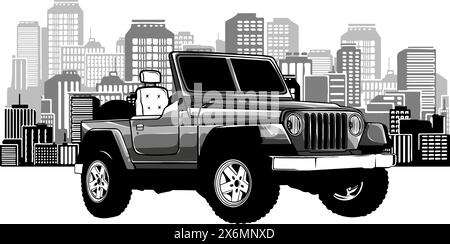 Einfarbig wie ein Jeep vor einer Großstadt-Silhouette, flache Illustration Stock Vektor