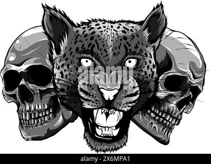 Einfarbiges Leopardengesicht mit zwei menschlichen Schädeln. Vektordarstellung auf weißem Hintergrund Stock Vektor