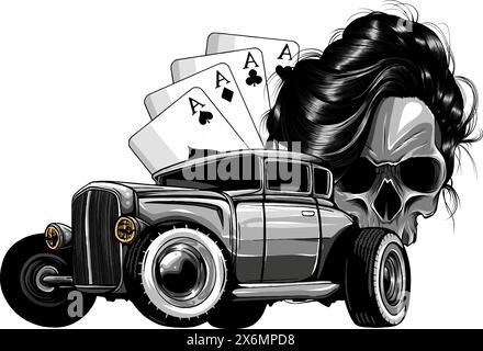 Vektordarstellung eines Schwarzweiß-Totenkopfes mit Hot Rod- und Poker-Assen auf weißem Hintergrund Stock Vektor