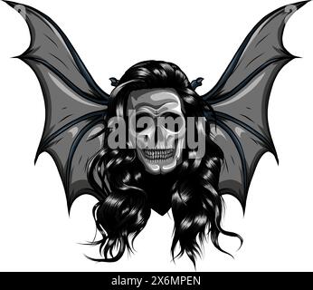 Schwarzweiß-Schädel mit Fledermausflügeln. Halloween-Trick oder -Leckereien Vektorzeichnung mit der Hand Stock Vektor