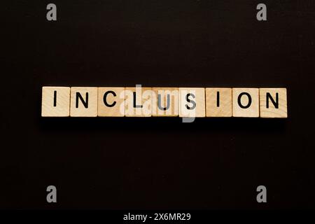 Ein Holzblock mit der Aufschrift " Inclusion ". Stockfoto