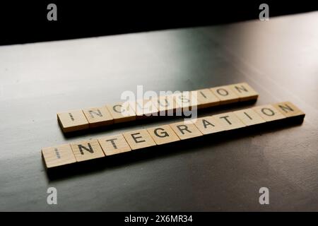 Holzblöcke, die Einbeziehung und Integration auf einer dunklen Oberfläche ausschreiben Stockfoto