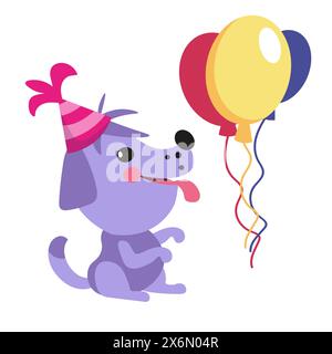 Niedlicher Hund mit Kappe und Ballons. Geburtstag. Karikaturvektor isolierte Illustration für Design. Stock Vektor