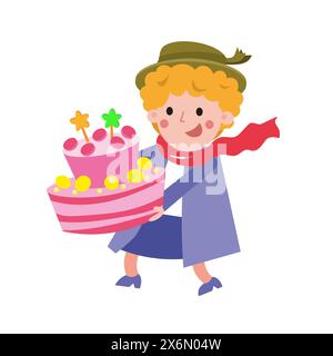 Süße Großmutter mit Hut und Kuchen für Enkelin. Geburtstag. Karikaturvektor isolierte Illustration für Design. Stock Vektor