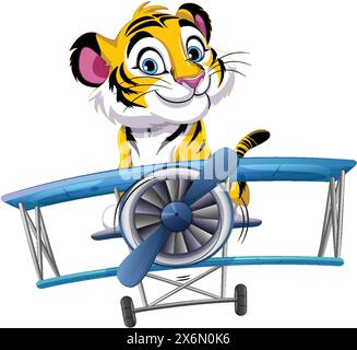 Cartoon-Tiger fliegt einen blauen Doppeldecker und lächelt Stock Vektor