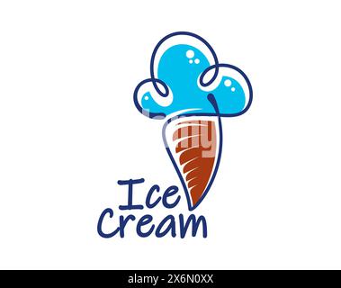 Blaues Eis in Waffelkegel Symbol für Eis Dessert oder Gelateria, Vektor-Emblem. Weiche Eislöffel mit Doodle Line in Waffelkegel, Abzeichen oder Schild für italienisches Eis, Eisdiele oder Café-Menü Stock Vektor