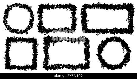 Ivy-Rahmen, Lianensilhouetten von Dschungelreben und Kriechpflanzen, Vektorhintergründe. Runde und quadratische Rahmen aus Efeublättern mit verdrehten Ranken in schwarzer Silhouette zur Dekoration Stock Vektor