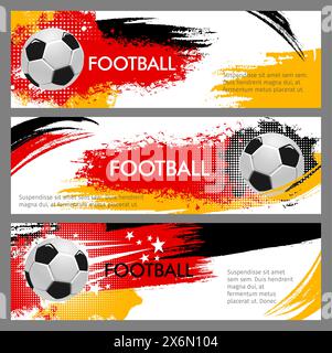 2024 Euro Fußball Cup Grunge Banner. Vektor-Halbton-Fußball-Sportereignis-Promotion und Werbehintergründe mit 3D-Fußball-Bälle, kratzenden Strichen und bunten Spritzern in Rot, Gelb und Schwarz Stock Vektor