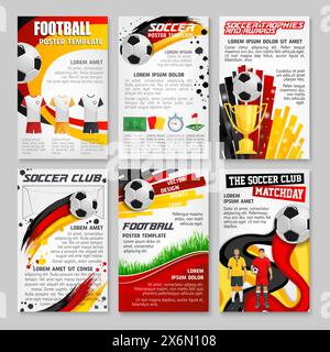 Deutschland 2024-Euro-Poster. Vektor-Vorlagen mit bunten Hintergründen, Fußballbälle, Gras, Trophäen und Teamspielern. Layouts fördern Sportveranstaltungen, Vereine und Meisterschaften Stock Vektor