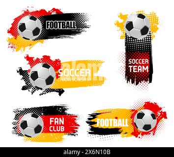 2024 Euro Fußball Cup Grunge Banner mit 3D-Fußball und Halbtoneffekt. Vektor-Sportbanner mit Farbspritzern in Rot, Gelb und Schwarz für Meisterschaften, Fanclubs, Teamgeist und Wettkämpfe Stock Vektor