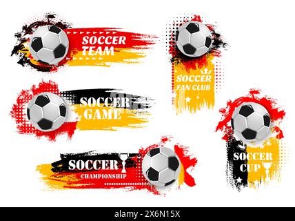 2024 Euro Fußball Cup Grunge Banner. Vektor-dynamische Fußballbälle mit leuchtenden Farbtupfern in roten, gelben und schwarzen Flaggenfarben, die für Fußballsportveranstaltungen, Fanclubs, Spiele, Meisterschaften und Teams werben Stock Vektor