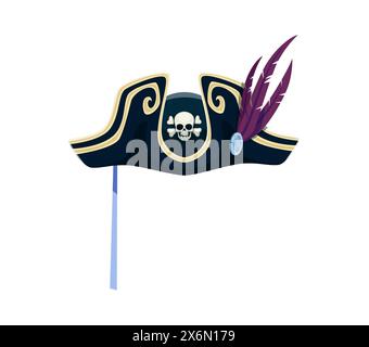 Piratenhut, Karneval und Maske für Fotokabinen. Isolierte Comic Vektor Tricorn Captain Cap mit Goldbesatz, Schädel und Kreuzknochen Emblem, lila Feder und ein silbernes Juwel. Hahn für Fotokabine Stock Vektor