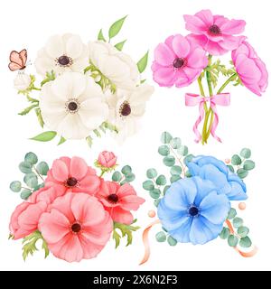 Aquarellset mit Anemonen-Sträußen in verschiedenen Farben. Geschmückt mit Satinbändern, Schmetterlingen und Eukalyptuszweigen. Für Hochzeitspapiere Stockfoto