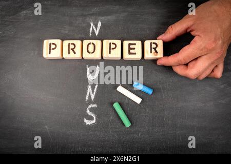 Richtige Substantive. Kreuzworträtsel aus Holzblock und Kreideflächen auf einem Tafel-Hintergrund. Stockfoto