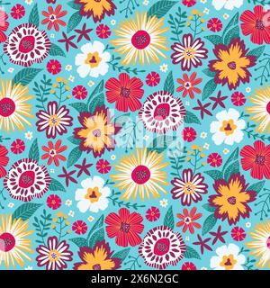 Nahtloses Half Drop-Muster mit Fantasy-Blättern und Blumen in Minzgrün, Rot, Gelb, weiß. Hintergrundbild-Druckstruktur Wiederholen. Perfekt für Scrapbook Bastelpapier, Textil, Stoff, Geschenkverpackungen. Stock Vektor