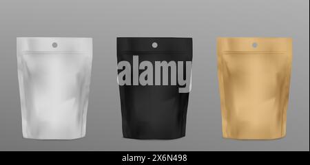Weiße Standtasche. Essen Doypack Reißverschluss Modell. 3D leere Plastikkaffee-, Tee- oder Snack-Beutel-Design. Werbevorlage für Behälter mit isoliertem Kraftreiniger. Kosmetikpaket für Branding Stock Vektor