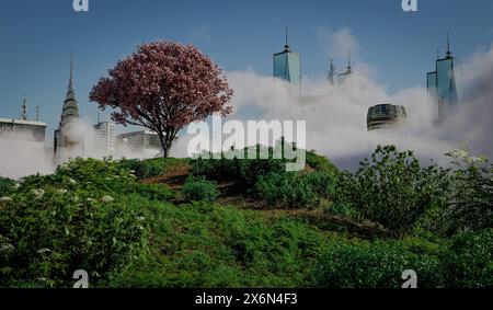 Die letzte Zuflucht, ein Kirschbaum in voller Blüte, auf einem hohen Berg, umgeben von einer großen Stadt mit Wolkenkratzern, die durch den Nebel brechen - 3D-Illustration Stockfoto