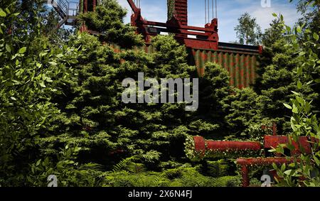 Ein alter rostender Portalkran im Bereich eines verlassenen Schiffhafens, dessen Gebiet von der Natur zurückgewonnen wurde - 3D-Illustration Stockfoto