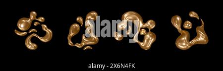 Goldene flüssige Formen für y2k-Design. Realistische 3D-Vektor-Illustration Set von goldenen flüssigen Metall dekorativen Figuren und Tropfen. Hochglänzende aufblasbare Blob-Elemente. Blasenfluidformen für die Ästhetik der 2000er Jahre. Stock Vektor