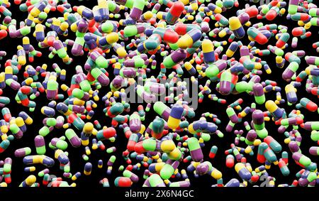 Viele verschiedene farbige Tabletten oder Pillen fallen von oben - 3D-Illustration Stockfoto