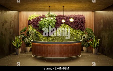 Stilvolles Interieur mit natürlichem Wanddesign, das moderne Architektur mit Elementen der Natur kombiniert - 3D-Illustration Stockfoto