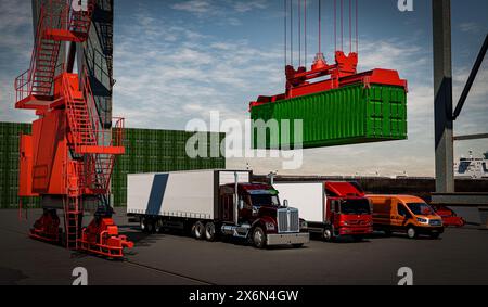 Ein Containerkran in einem Güterhafen, unter dem ein schwerer LKW, ein mittelschwerer LKW und ein kleiner Van stehen, alte Logistikkonzepte - 3D-Illustration Stockfoto