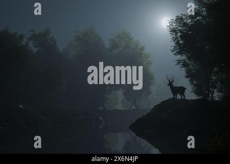 Ein hell leuchtender Mond über einem Wald, durch den ein Fluss fließt und ein Hirsch auf dem Ufer steht - 3D-Illustration Stockfoto