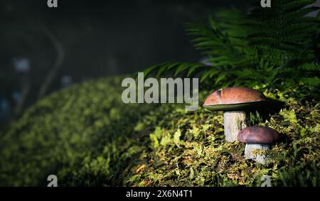 Pilze auf dem Waldboden in einem dunklen Wald beleuchtet von Sonnenstrahlen - 3D-Illustration Stockfoto